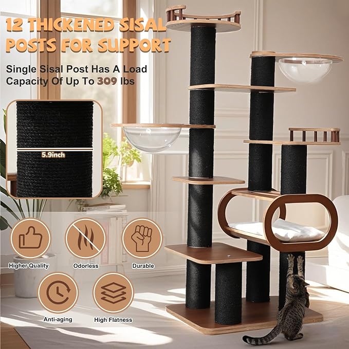 70.8'' Tall Luxury Cat Tree,All i,ne One Black Walnut Wood Modern Cat Tower for Indoor Large,Huge Multi-Level Cat Furniture with Scratching Posts,Condo,Cushion,Clear Bowl,Platform for Home Decoration-PurrikoPets