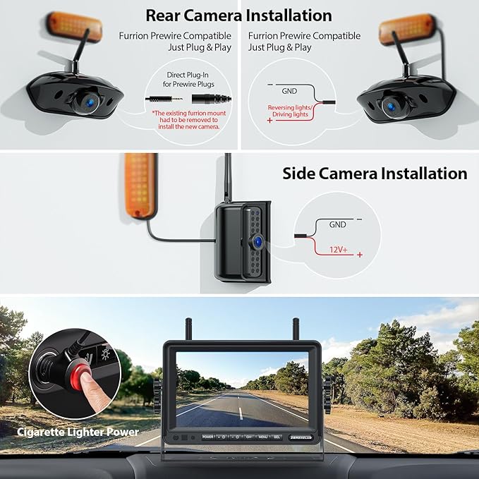 3-Camera Wireless RV Backup Camera System with 7-Inch Monitor, 1 Rear Sharkfin, 2 Side Cameras, DVR Monitor & IR Night Vision, IP69K Waterproof, Compatible with Furrion Pre-Wired RV Trailer-PurrikoPets