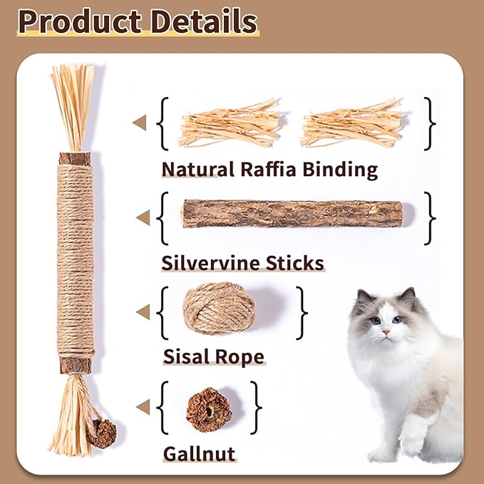 6 Pack Silvervine Cat Chew Toys, Natural Dental Sticks for Indoor Cats, Kittens Teeth Cleaning, Catnip Alternative, Interactive Play, Yellow-PurrikoPets