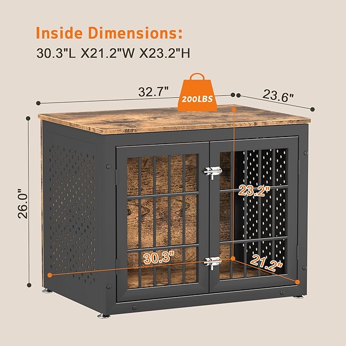 32" Heavy Duty Dog Crate Furniture for Small and Medium Dogs, Metal Kennel for High Anxiety Dogs, Chew Proof Pet Cage Indoor, Decorative Dog Kennel End Table-PurrikoPets