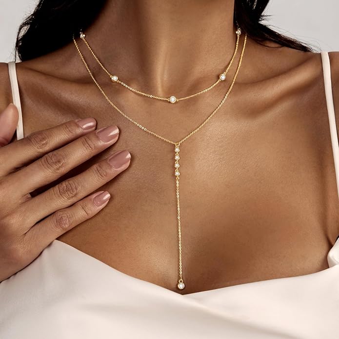 Lariat Silver/Gold Necklace for Women 925 Silver/14K Gold Plated Dainty Long Necklace Y-Shaped Drop Pendant Necklaces Choker Trendy Chain Simple Layered Necklaces CZ Jewelry for Women Set Gift