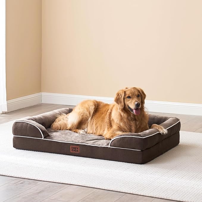 EHEYCIGA Orthopedic Dog Beds for Extra Large Dogs, Waterproof Memory Foam XXL Dog Bed with Sides, Non-Slip Bottom and Egg-Crate Foam Big Pet Couch Bed with Washable Removable Cover, Brown-PurrikoPets