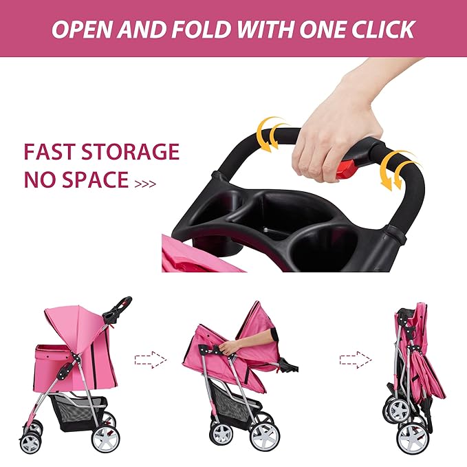 4 Wheels Pet Stroller for Small Medium Dogs Cats 10-33 lbs, Foldable Dog and Cat Stroller with Cup Holder & Storage Basket & Breathable Mesh, Pet Strolling Cart for All-Season, Pink-PurrikoPets