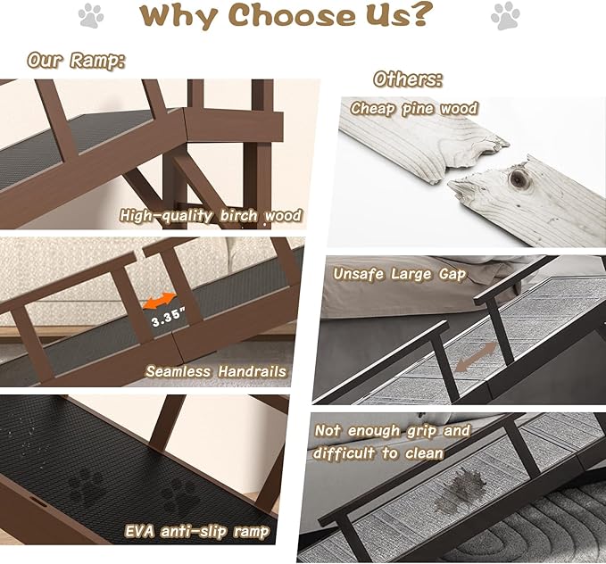 73" Dog Ramp for Bed, Pet Ramp with Removable Side Rail and Non-Slip Surface, Pet Ramp for Small & Large & Senior Dogs with Rest Platform and DIY Glow Strips,Dog Stairs for Couch, Brown-PurrikoPets