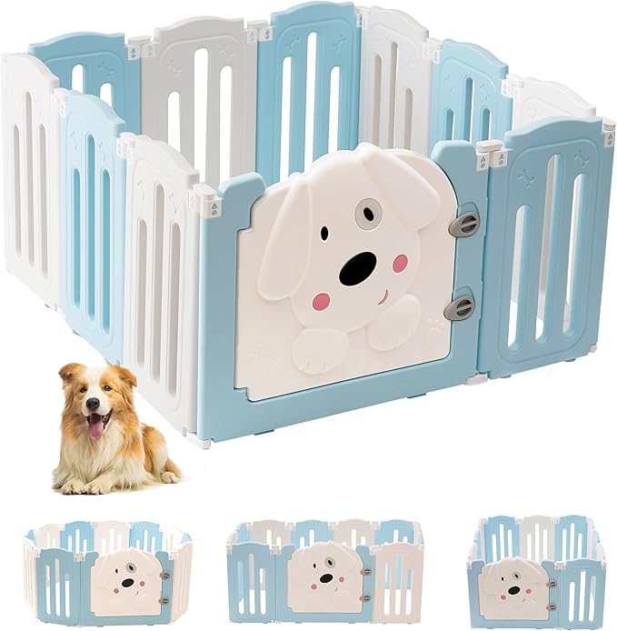 Foldable Dog Play Pen Indoors, Non-Slip Sturdy Puppy Playpen with Door, 25.5" H 10-Panel Adjustable Shape Dog Fence Pen for Small/Medium Dogs, Thickened, Easy to Store-PurrikoPets