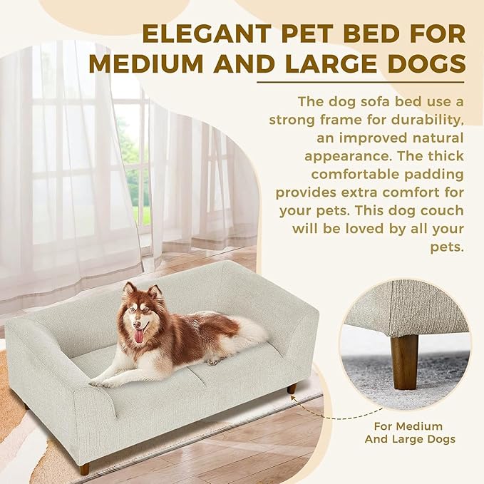 Dog Sofa Couch for Medium to Large Dogs, Memory Foam Dog Sofa Bed, Modern Elevated Pet Couch Bed with Wooden Legs for Medium and Large Dogs, Dark Beige-PurrikoPets