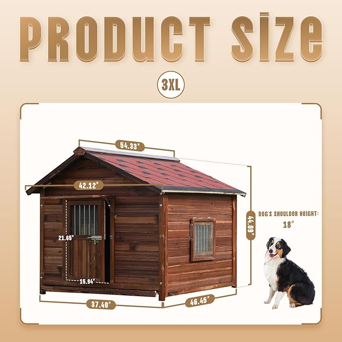 Extra Large Dog House Outdoor Made of Solid Pine Wood, Warm Doghouse, Dog House with Elevated Floor for Large Dogs, (Wood, 3XL)-PurrikoPets