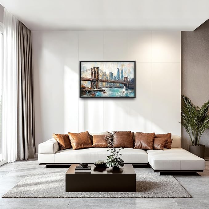 Extra Large Framed Brooklyn Bridge Wall Art,New York City Wall Decor,Abstract Skyline Cityscape Pictures for Living Room,Canvas Print Painting Modern Artwork Bedroom Office Bathroom 36L x24W-PurrikoPets