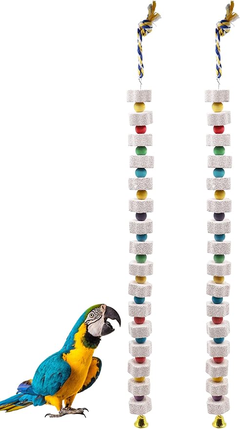 2 Pack 27 Inches Extra Long Bird Chewing Toy, Parrot Beak Grinding Calcium Stone with Bells, Bird Cage Accessories, Cage Toys for Cockatiel Parakeet Parrot Budgies Rat Hamster Rabbit African Grey-PurrikoPets