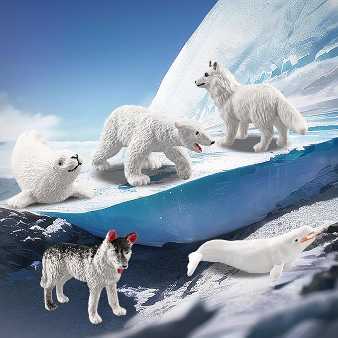 10 PCS Arctic Animals Figures, Polar Animals Figurines for Diorama School Project, Arctic Tundra Animal Toys Set with Polar Bear Deer Arcitc Fox Wolf-PurrikoPets