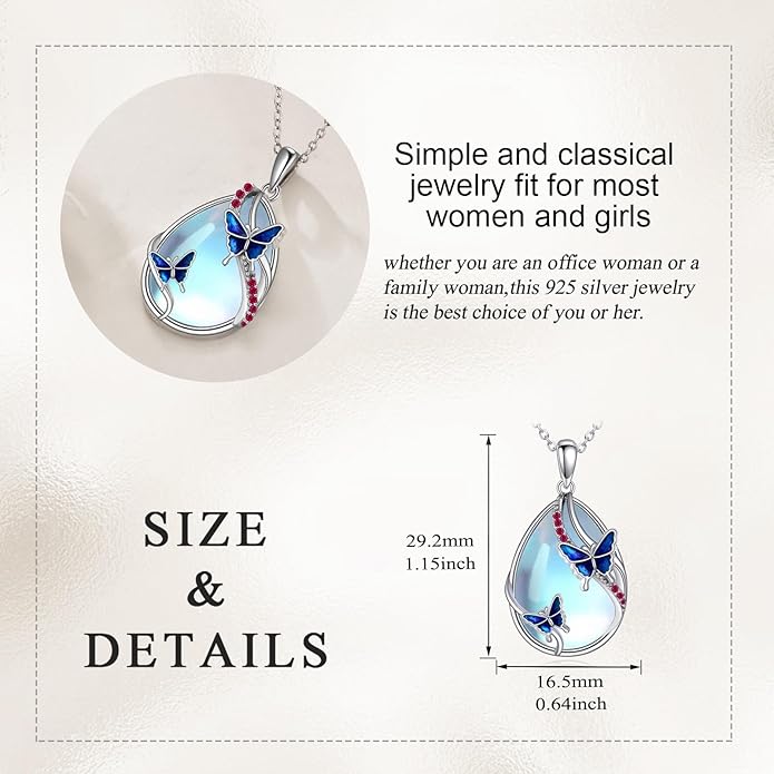 KQF Dragonfly/Butterlfy/Cat/Jellyfish/Bunny/Axolotl/Bee/Mermaid/Hummingbird/Elephant Necklace for Women Sterling Silver Moonstone Pendant Necklace Dragonfly Jewelry Gifts for Women