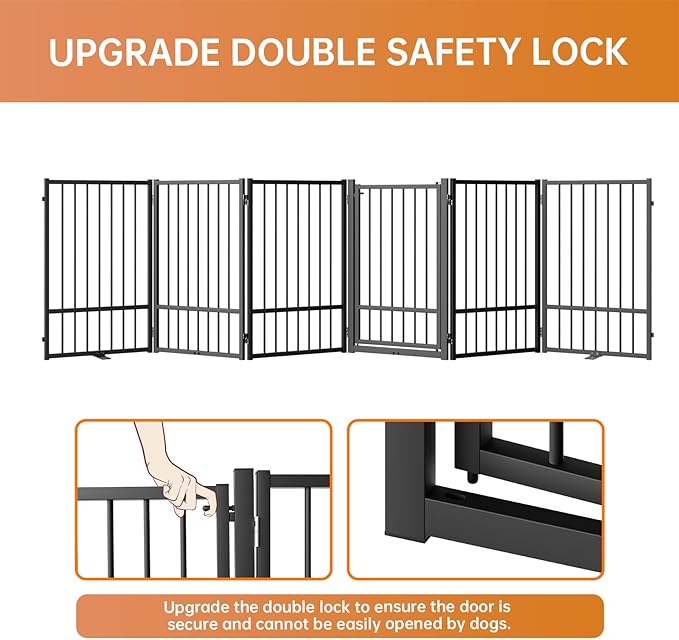 Full Metal Freestanding Dog Gate with Door, 32''Height Foldable Pet Dog Fence for Indoor & Outdoor, 6 Panels Extra Wide Free Standing TallDog Gates for Doorways,House,Stairs,Porch,Deck,Yard-PurrikoPets