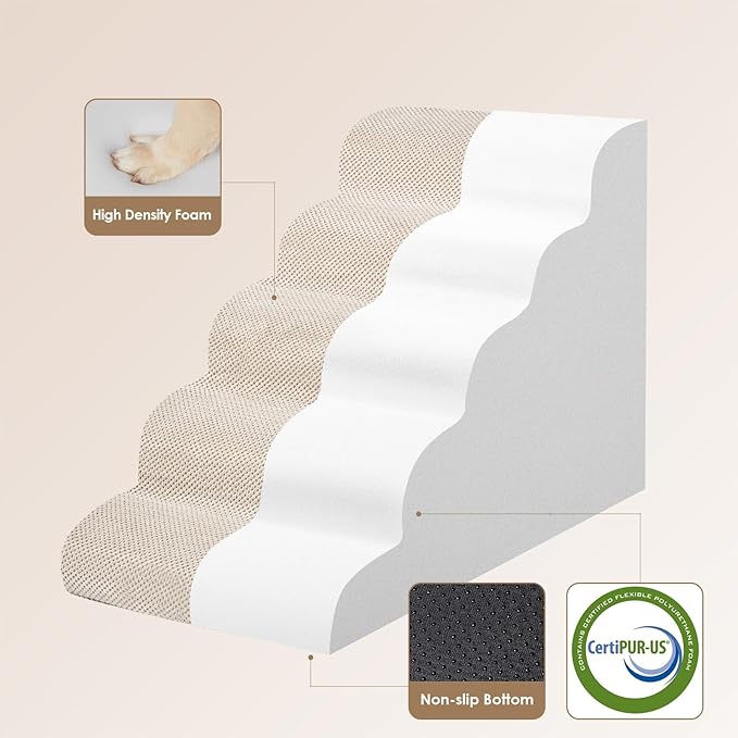 EHEYCIGA Curved Dog Stairs Ramp for High Beds, 5-Step Extra Wide Dog Steps for Small Dogs and Cats, Pet Stairs for High Bed Climbing, Non-Slip Balanced Pet Step Indoor, Beige-PurrikoPets