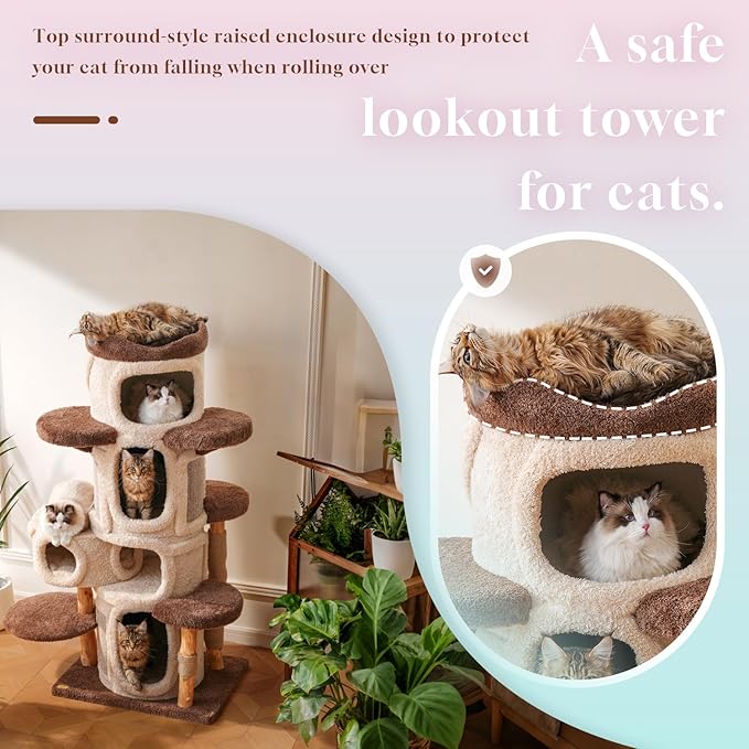 70" Heavy Duty Cat Tree for Large Cats with Toys, All-in-One Cat Tower with Cat Perch, Tall Cat Tower with Scratching Post, Brown Modern Cat House-PurrikoPets