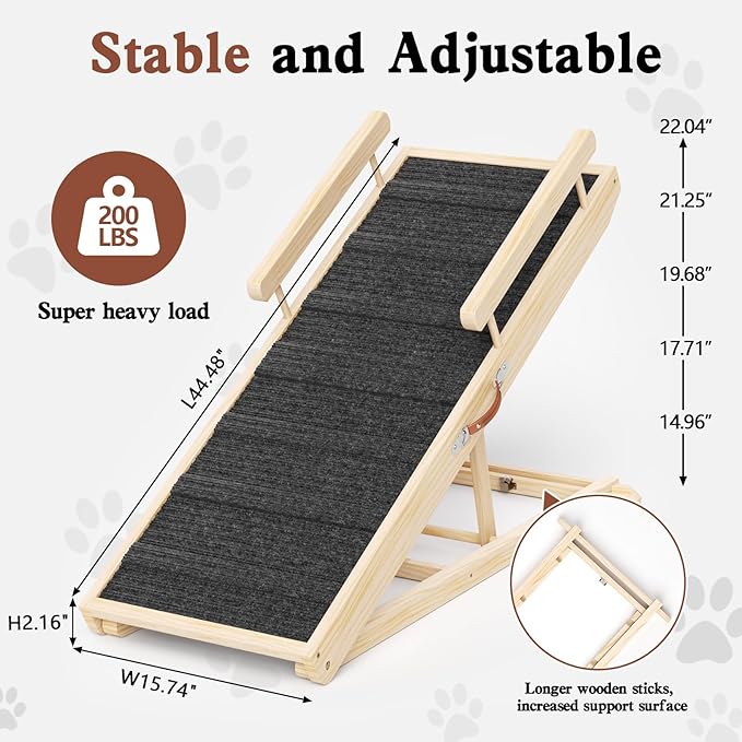 Dog Ramp for Bed, Couch, Car, Folding Pet Ramps 44.48" Long Adjustable 15"-22" Wooden Stairs with High Traction Mat & Safety Side Rails for Small & Medium Old Dogs & Cats, up to 200 lbs-PurrikoPets
