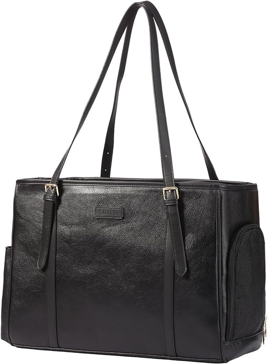 Fashion Dog Purse Pet Carrier Leather Bag for Small Dogs Cats Puppy, Portable Tote Bag Airline Approved Soft-Sided Carriers (Black)-PurrikoPets