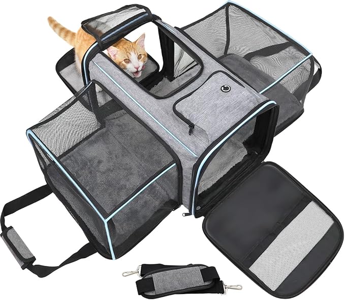Expandable Travel Pet Bag, Scratch-Resistant Breathable Mesh, Crossbody&Tote Design, Durable&Spacious, Pet Carrier with High-Visibility Windows, Easy-Cleaning Fabric, Removable Soft Pad&Shoulder Strap-PurrikoPets