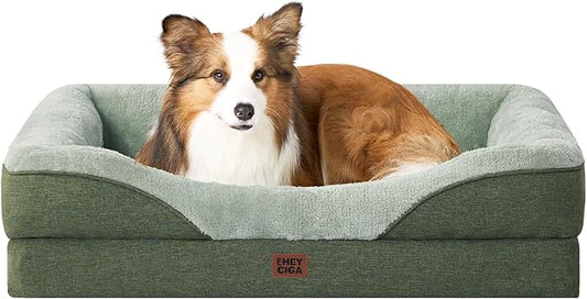 EHEYCIGA Memory Foam Dog Bed for Medium Size, Orthopedic Dog Sofa with Sides and Waterproof Liner, Washable Bolster Pet Couch with Removable Cover, 35x22x6.5 Inch, Green-PurrikoPets