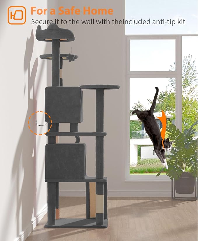 77'' Cat Tree Tower for Indoor Cats Large Adult, Cute/Tall Modern Cat Tree for Big Cats 20 lbs, Plush Multi-Level Cat Condo with Scratching Posts, Dangling Ball (Smoky Gray, 77 inch)-PurrikoPets