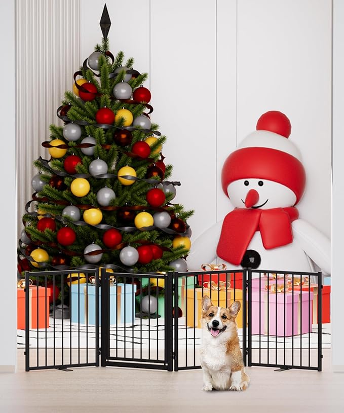 Full Metal Freestanding Dog Gate with Door, 24'' Height Foldable Pet Dog Fence for Indoor & Outdoor, 4 Panels Extra Wide Free Standing SmallDog Gates for Doorways,House,Stairs,Porch,Deck,Yard-PurrikoPets