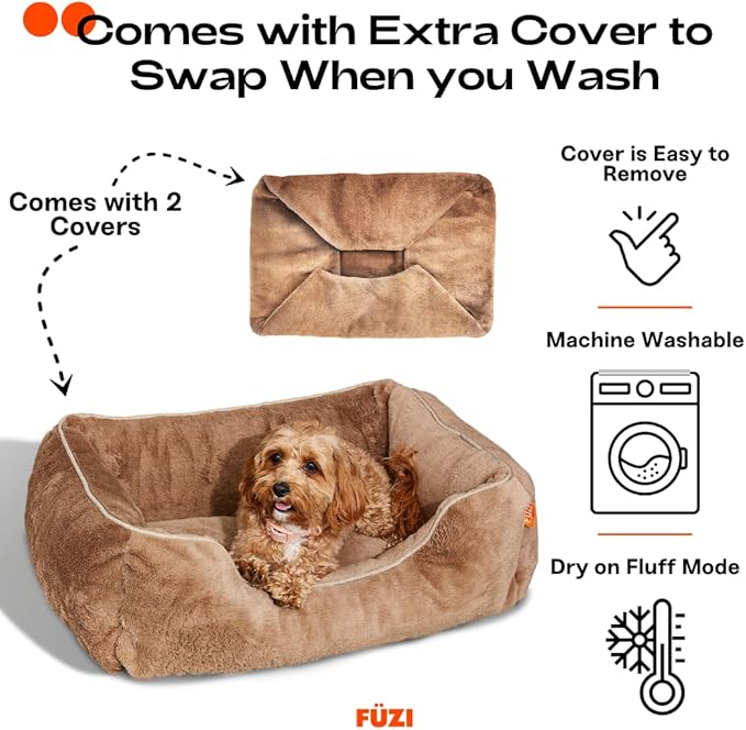 FUZI Luxury Dog Bed with Extra Cover for Small Dogs, Washable Pet Couch, Pet Bed with Sides, Non-Slip Bottom, Soft & Durable Calming Dog Bed, Faux Rabbit Fur, Small 25.1x16.75x9.5 Light Brown-PurrikoPets