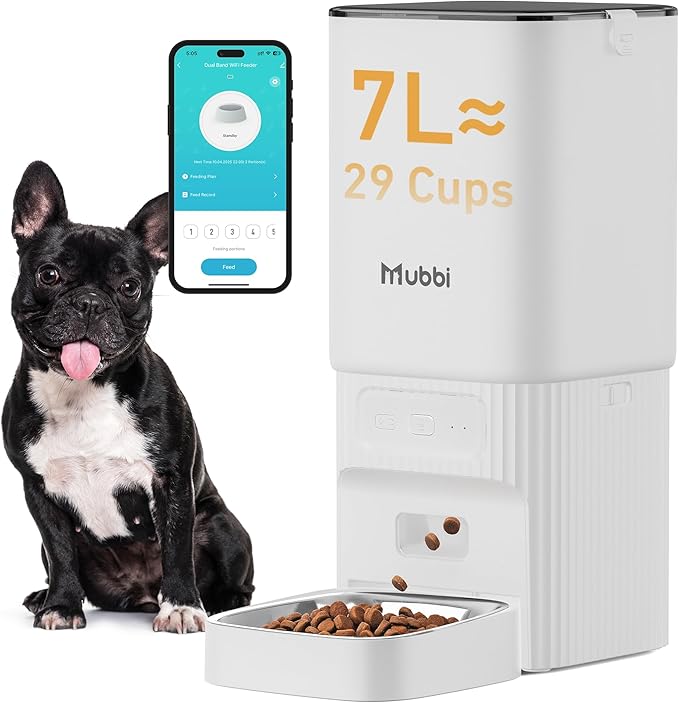 7L/29 Cups Automatic Dog Feeder, 5G WiFi Auto Cat Feeder with Desiccant Bag, Cat Food Dispenser, App Remote Feeding, Stainless Steel Bowl, Dual Power Supply, Ideal for 2-15mm Dry Food-PurrikoPets