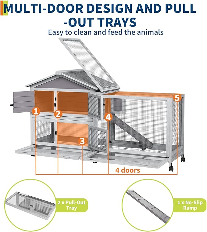 2-Tier Rabbit & Chicken House Mobile,Wooden Chicken Coop & Bunny Cage with Non-Slip Ramp, 4 Doors,Waterproof Roof & Pull-Out Tray,Outdoor/Indoor Pet Cage Movable-PurrikoPets