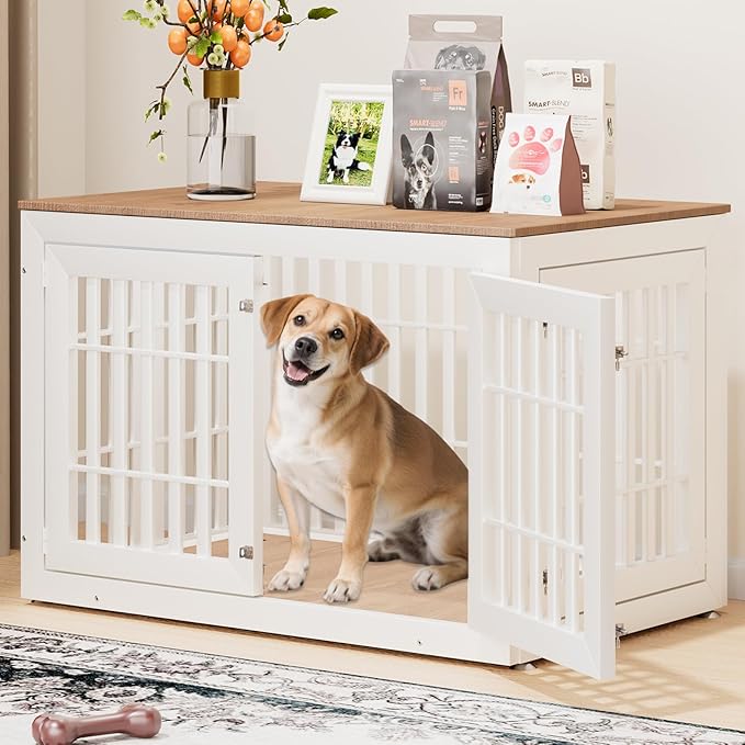 48" Heavy Duty Dog Crate Furniture for Small,Medium and Large Dogs,Rustic Wooden Dog Cage Kennel Indoor Furniture with Waterproof Top,Decorative Pet House Side End Table (White & Wood)-PurrikoPets