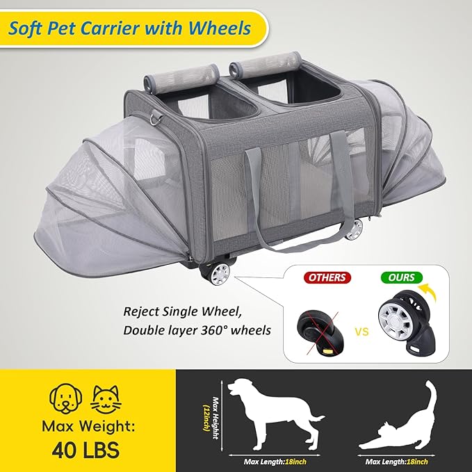 Expandable Pet Carrier with Wheels, Double Cat Dog Carrier 21"x 17"x 16" up to 40 Lbs, Rolling Pet Carrier for Cats and Dogs, Extra Large Pet Travel Carrier, Ideal for Outdoor/Travel-PurrikoPets