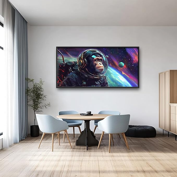 Framed Large Monkey Astronaut Wall Art, Oversized Chimpanzee Spacemen Wall Decor for Living Room, Outer Space Canvas Painting Pictures Modern Artwork for Living Room Bedroom Office 60"x30"-PurrikoPets