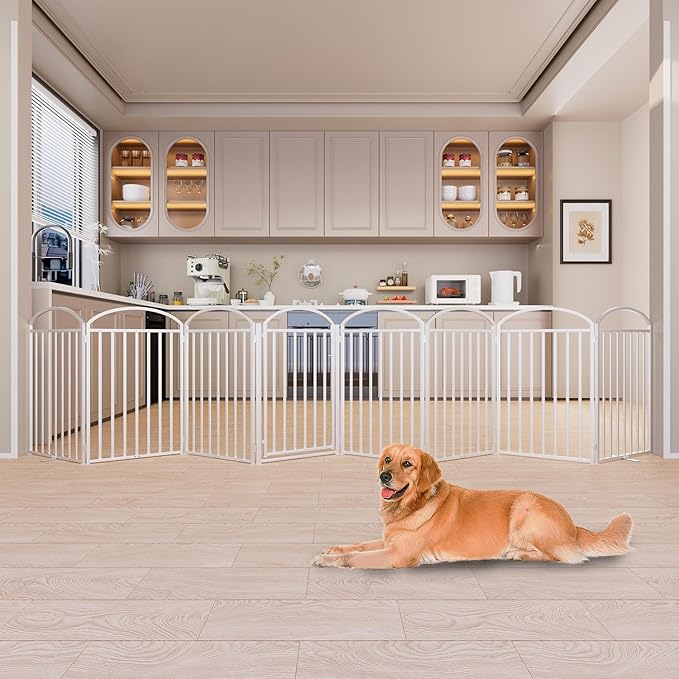 8 Panles Full Matel Freestanding Dog Gates with Door, 192"Extra Wide 36"Tall Free Standing Dog Pet Gate for Indoor & Outdoor. Foldable Pet Fences for Doorways, House, Stairs, Porch, Deck, Yard-PurrikoPets
