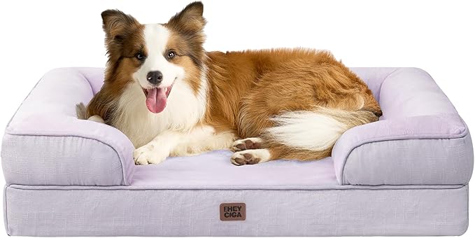 EHEYCIGA Orthopedic Dog Beds for Large Dogs, Waterproof Memory Foam Large Dog Bed with Sides, Non-Slip Bottom and Egg-Crate Foam Pet Couch Bed with Washable Removable Cover, Lilac-PurrikoPets