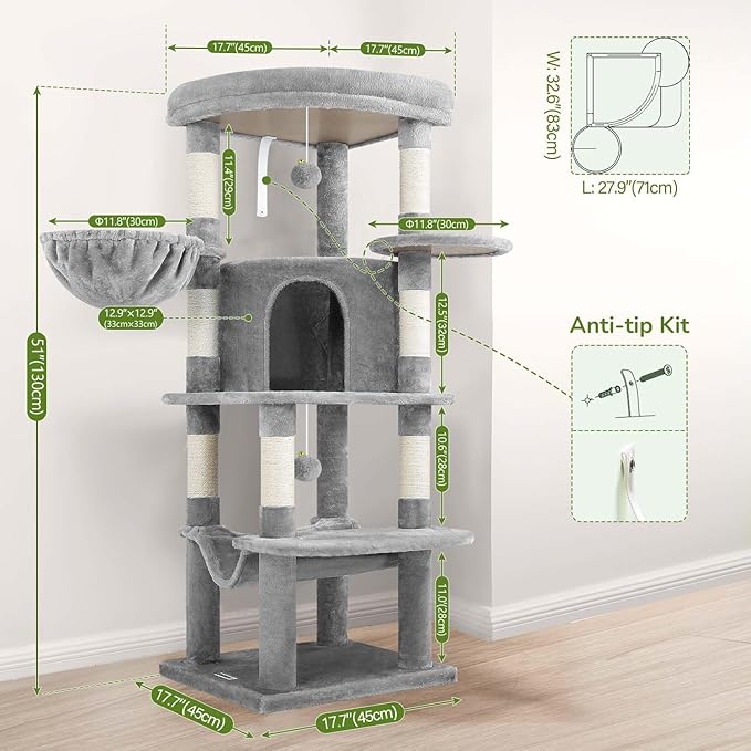Globlazer Corner Cat Tree Tower for Indoor Cats, 51in Multi-Level Cat Condo Tower with Large Hammock, 7 Sisal Scratching Posts, Oversized Top Perch, Spacious Cat Cave, Hanging Basket, C51, Light Gray-PurrikoPets