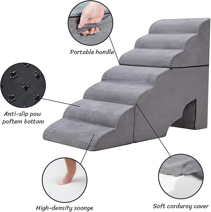 Dog Stair Steps for High Beds 36 inches Tall, 33D Foam Dog Ramp for Bed 32 inches, 7-Step Pet Stair Steps for Small Large Dogs for Bed Climbing, Non-Slip Dog Steps for Older Dogs/Cats, Grey-PurrikoPets