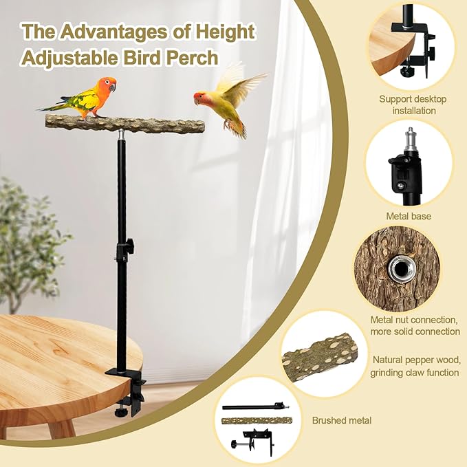 13-23 Inch Height Adjustable Desktop Bird Perch Pepper Wood Bird Training Perch Stand Parakeet Perches Indoor and Outdoor Parrot Stands for Small to Medium Bird-PurrikoPets