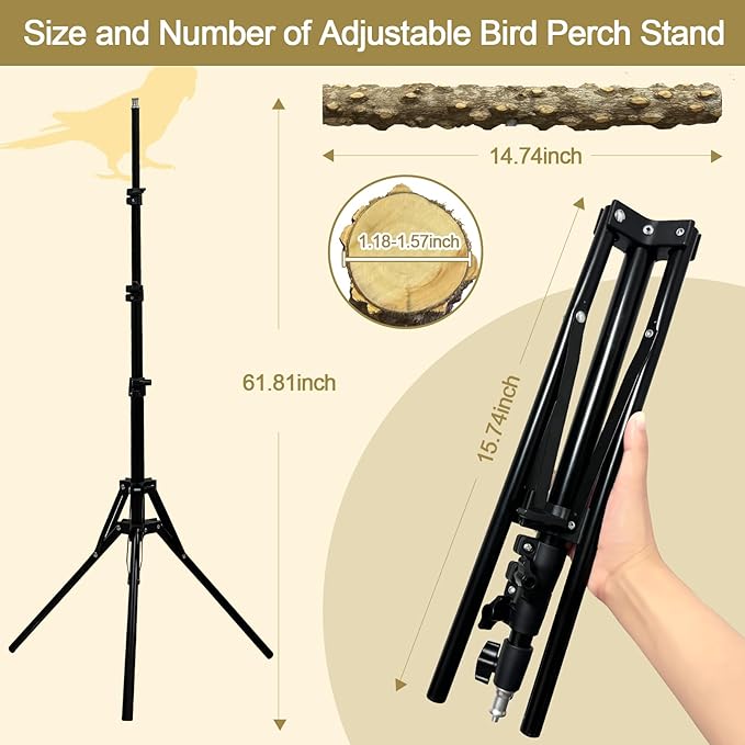 16-63 Inch Height Adjustable Bird Perch Pepper Wood Bird Training Perch Stand Parakeet Perches Indoor and Outdoor Parrot Stands for Small to Medium Bird-PurrikoPets