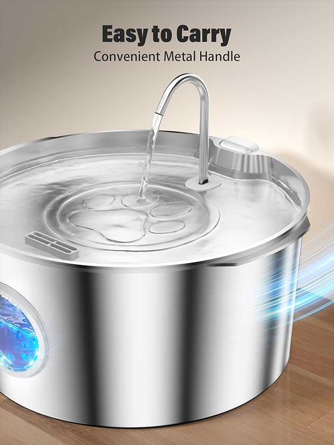 3.4Gal Dog Water Fountain for Large Dogs, Extra Large Stainless Steel Pet Water Fountain, Round Dog Water Bowl Dispenser with Metal Handle, Water Level Window, Supet Quiet Pump for Multi Pet Home-PurrikoPets