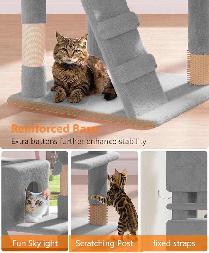 70'' Cat tree Tower for Indoor Cats Large Adult,Cute/Tall Modern Cat Tree for Big Cats 20 lbs,Plush Multi-Level Cat Condo with Scratching Posts,Dangling Ball for fun play(Light Gray, 70 inch)-PurrikoPets
