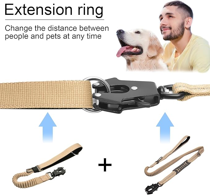 20” Strong Short Leash for Dog, Heavy Duty Bungee Dogs Leash with Padded Handle Car Seatbelt, Small Dog Training Leashs for Large or Medium Dogs - Can be Used with Other leashes (Khaki)-PurrikoPets
