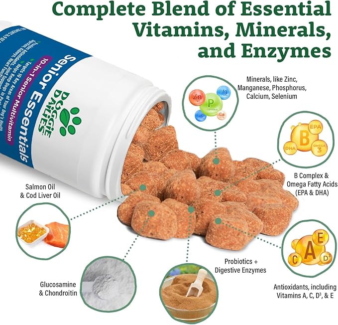 Doggie Dailies Senior Essentials Multivitamin for Dogs Soft Chews | Advanced Dog Multivitamin | Nutritional Support for Joints, Skin & Coat, Digestion, and the Immune System | Bacon Flavor | 120 Count-PurrikoPets