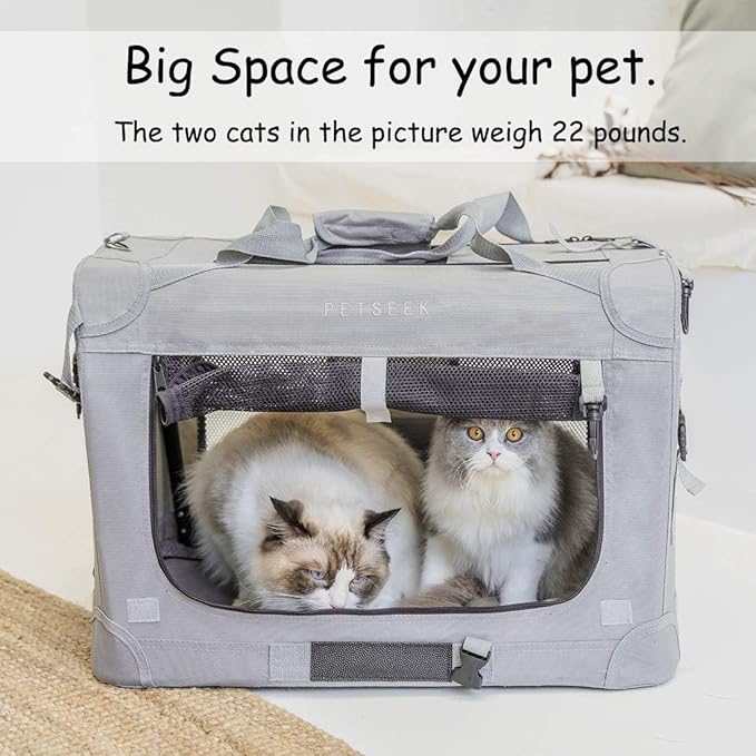 Extra Extra Large Cat Carrier Soft Sided, Portable Small Dog Carrier for 2 Cats, 24"x16.5"x16" Car Travel Folding Comfortable Design with Litter Box and Bowls, Grey+ Litter Box+ Bowl*2-PurrikoPets