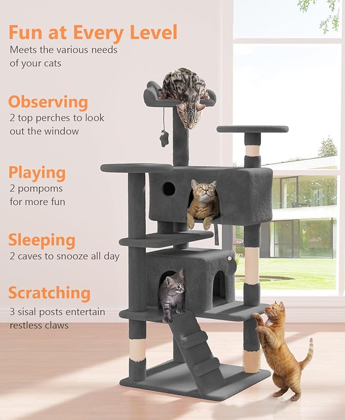 54" Cat Tree Tower for Indoor Cats Large Adult,Cute/Tall Modern Cat Tree for Big Cats 20 lbs, Plush Multi-Level Cat Condo with Scratching Posts,Hammock, Dangling Ball (Smoky Gray, 54 inch)-PurrikoPets