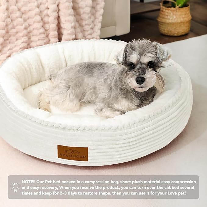 20in Cream Round Cat Dog Bed Gift for Large Medium Small Dogs Cats, Machine Washable Sleeping Sofa, Non-Slip Bottom Breathable Soft Calming Pet Cuddler for Indoor/Outdoor/Car/Cage-PurrikoPets