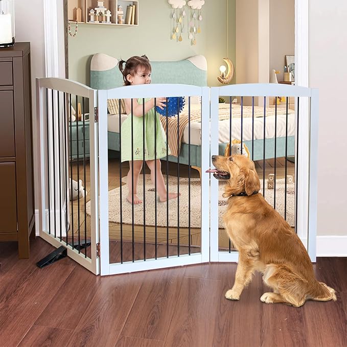 Foldable Wooden Freestanding Dog Gate - 32" H, 3 Panels, Stairs/Doorways, Support Feet Included, White-PurrikoPets