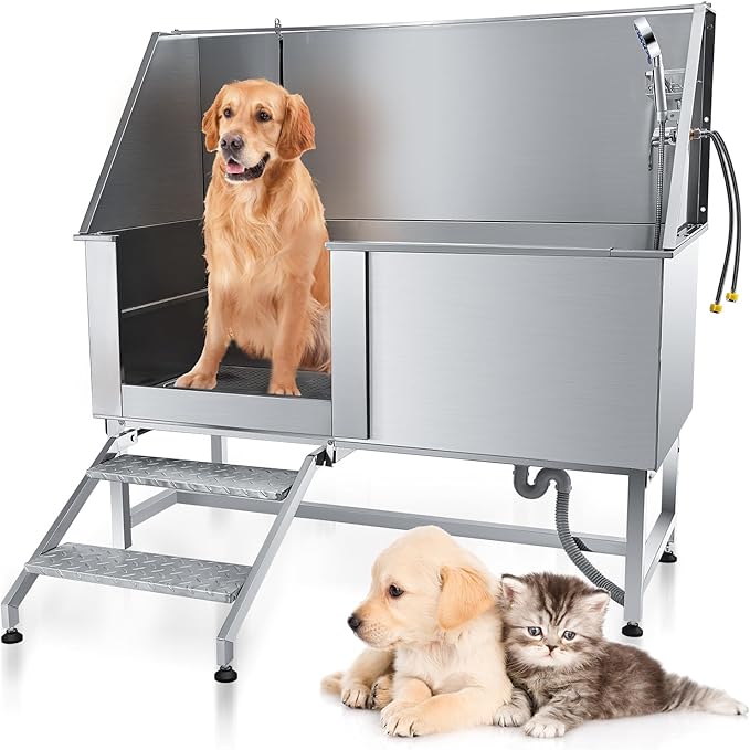 62" Pet Dog Bathing Station,Professional Stainless Steel Dog Grooming Tub,Pet Bathing Tub Dog Bathing Station with Faucet Walk-in Ramp Accessories,Commercial or Household use, (Extra Large)-PurrikoPets