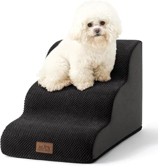 Dog Stairs for Small Dogs 15.7" H, Curved Dog Step for Puppy, Older Cat, Medium Pet Ramp for Sofa, Couch or Bed, Ladder with High Density Foam, 15.7x22.4x15.7 inch, 3 Step, Black-PurrikoPets