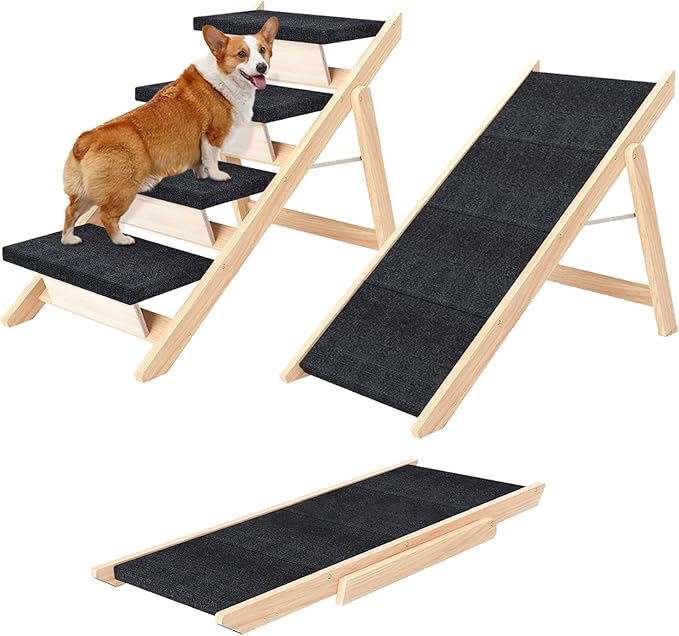 Dog Stairs/Ramp for Bed, Wooden Convertible Pet Steps, Portable Dog Ladder Up to 180 Pound for Elderly/Short-Legged Dogs, 4 Steps for Beds, Couch, Cars-PurrikoPets