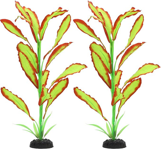 ALEGI Silk Aquarium Plants, 16 Inch Artificial Silk Plants Decorations for Fish Tank,Aquarium Décor Plastic Plants (Light Green with Red, 2 Pack)-PurrikoPets