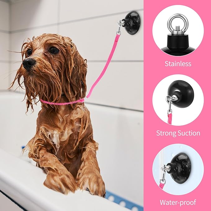 Frienda 4 Pieces Dog Bathing Tether with Suction Cup Pet Dog Grooming Tub Restraint Loops and Adjustable Cat Fixed Safety Rope for Pet Shower Bathing Grooming(Blue Pink Bright Green)-PurrikoPets