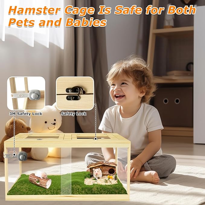 32" Hamster Habitat Enclosure, Lockable Sliding Door Gerbil Cage, Dwarf Hamster Cage with Metal Mesh Roof, Chewproof Syrian Hamster Cage for Mice, Small Animal, (Wooden, 32" L x 16" W x 16" H)-PurrikoPets